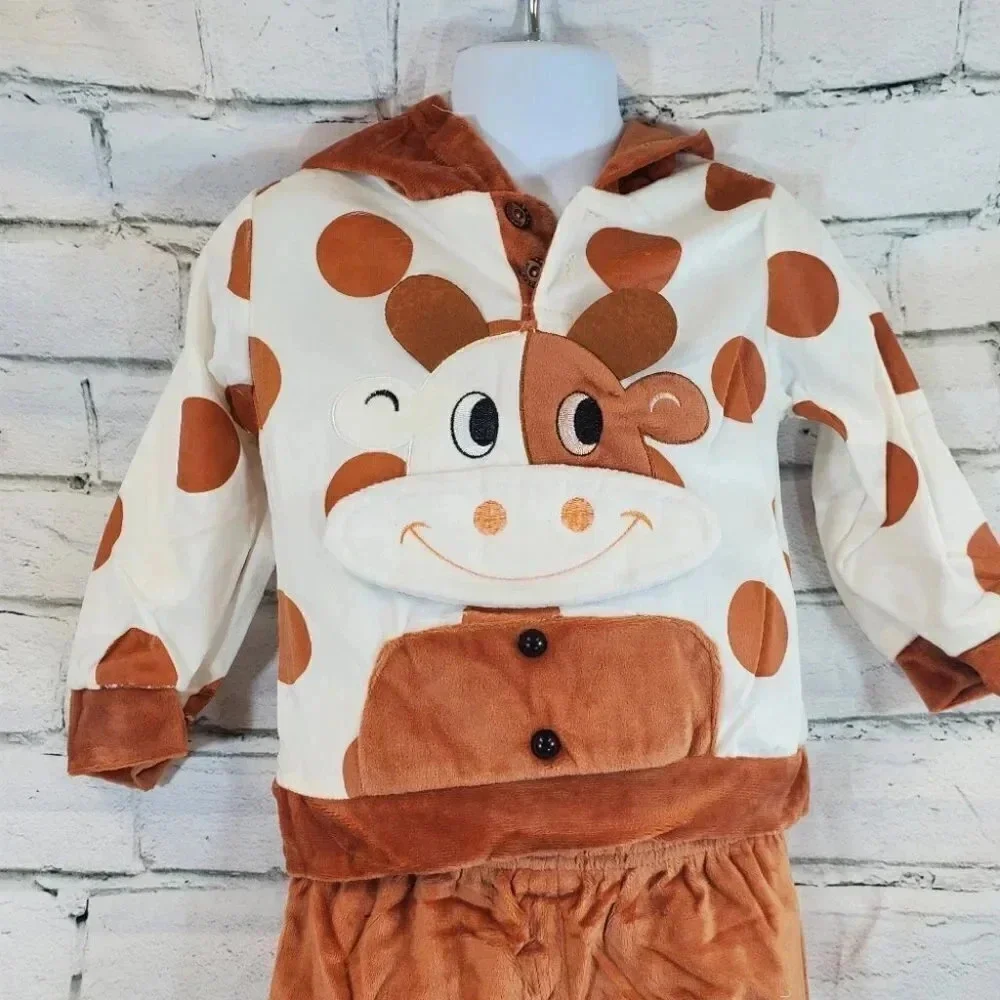 9-12M -Super Soft Brown and White Cow 2 piece Velvet with Hooded Ears Baby  Set